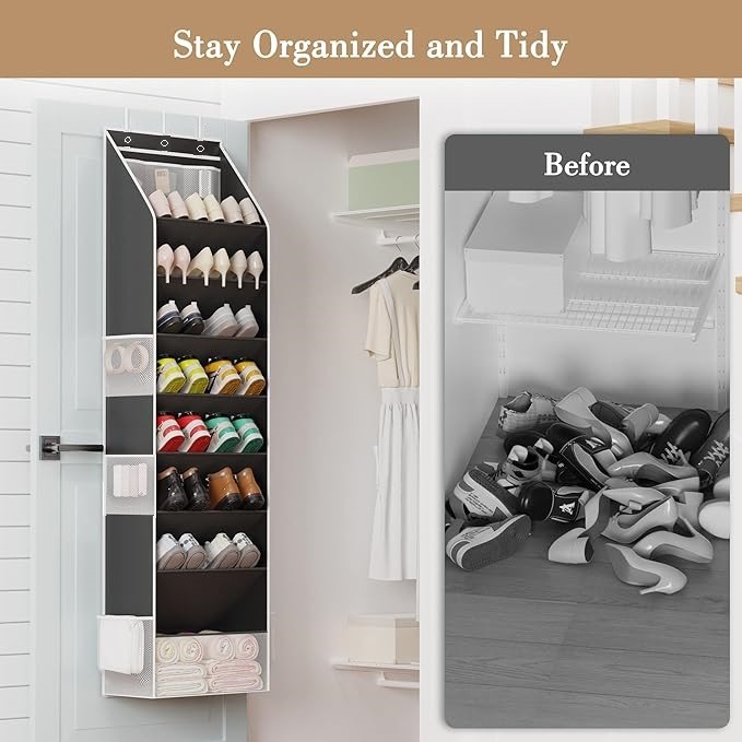 Black 8-Tier Over-the-Door Shoe Organizer with 7 Slanted & 1 Flat & 6 Side view 6