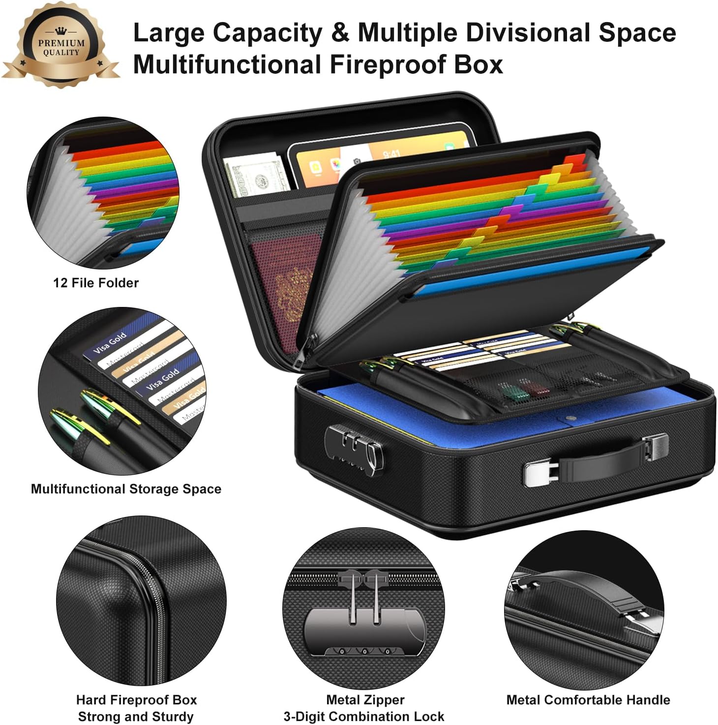 3-Layer Fireproof & Waterproof File Organizer Box(38x28x13CM) with Security view 2