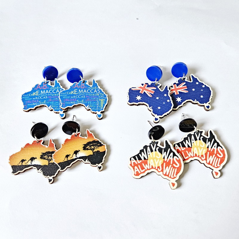 4-Pair Wooden Australia Map Silhouette Earrings - Lightweight Geometric Ear Drops view 2