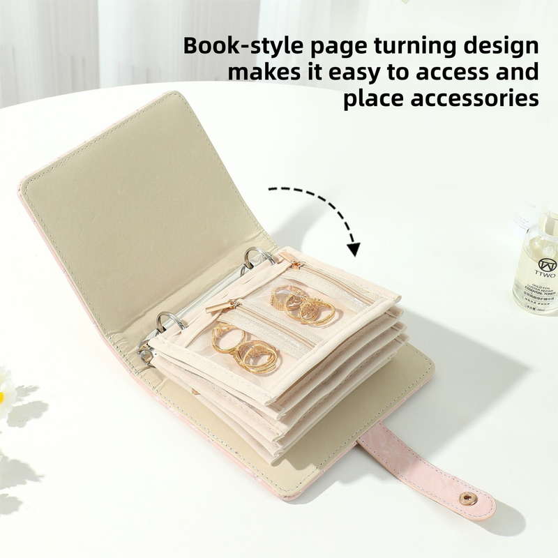 Pink Nappa Leather Anti-Oxidation Jewelry Storage Book with 5 Velvet Pouches view 4