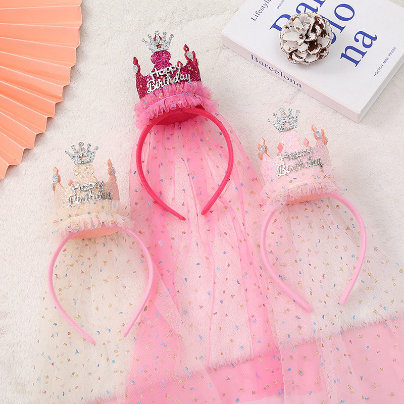Beige with a pink hairband 2-Pack Tulle Crown Headbands with "Happy Birthday" view 2