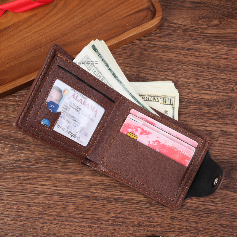 Black Men's PU Leather Wallet with Magnetic Clasp and Zipper Pocket for Cards view 2