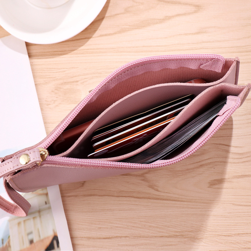 Pink Women's Soft PU Leather Double-Layer Zip Wallet with Wrist Strap view 3