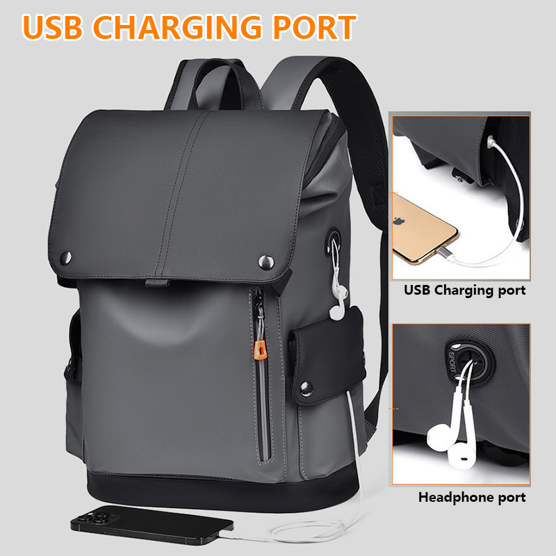 Black and gray Men Large Capacity Business Laptop Backpack Waterproof PU view 2
