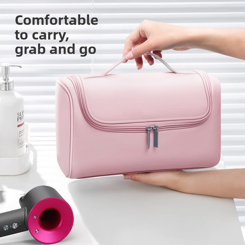 Pink Portable Hair Dryer and Curler Storage Bag Waterproof PU Leather Travel view 3