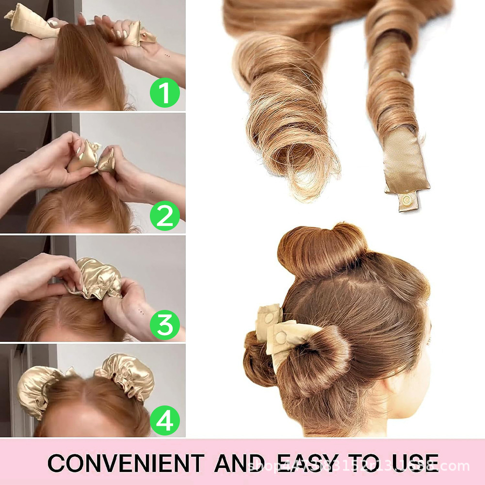 khaki Heatless Hair Curler Set with Satin Ribbon and Sleep Caps for Overnight view 3