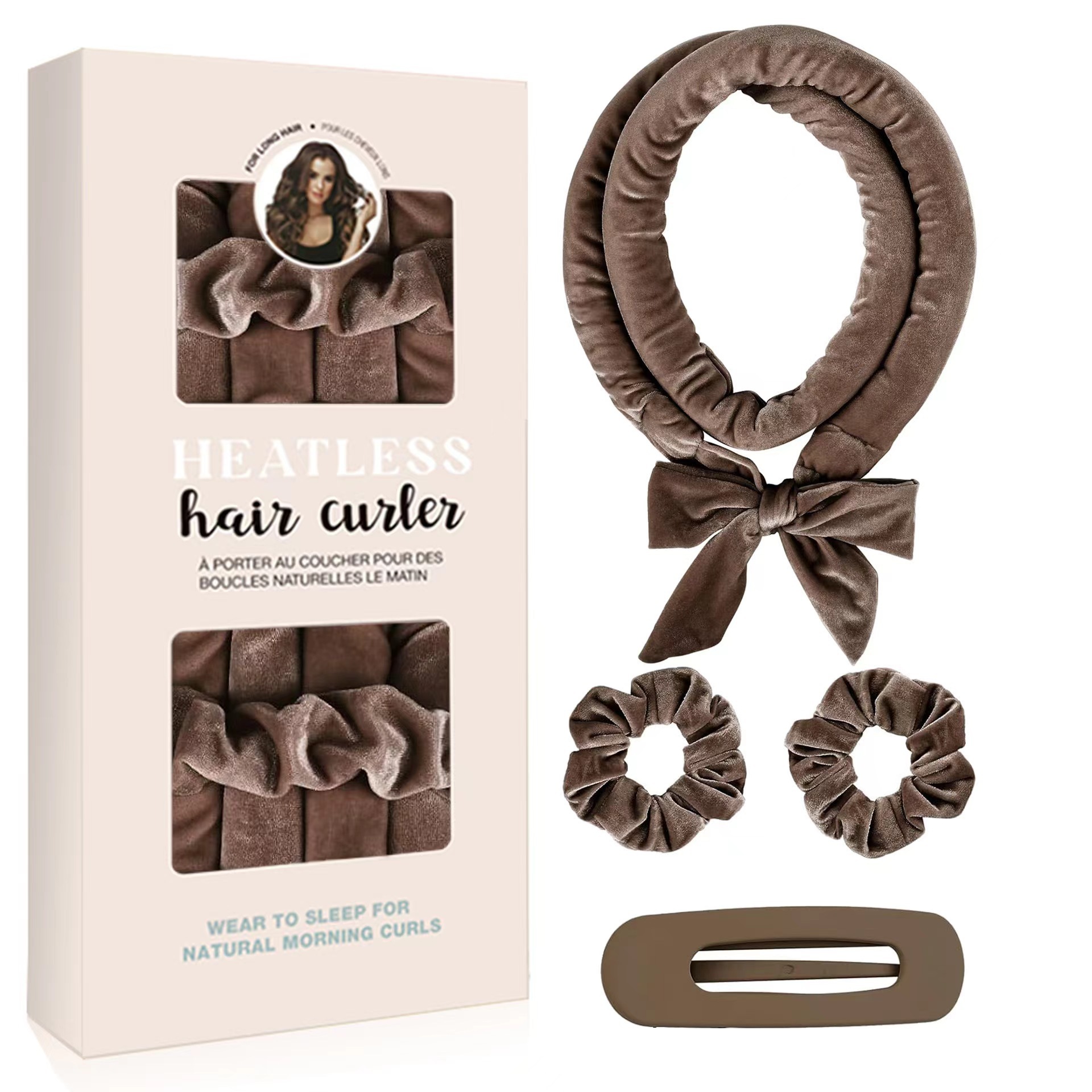 Coffee brown Heatless Hair Curler Set with Bowtie Ribbon for Natural Big Waves — image 1