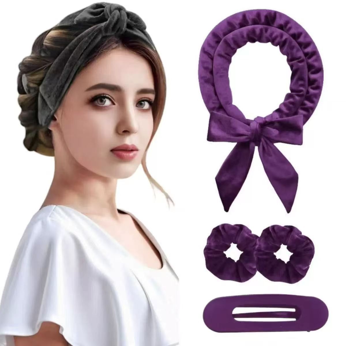 Coffee brown Heatless Hair Curler Set with Bowtie Ribbon for Natural Big Waves view 2