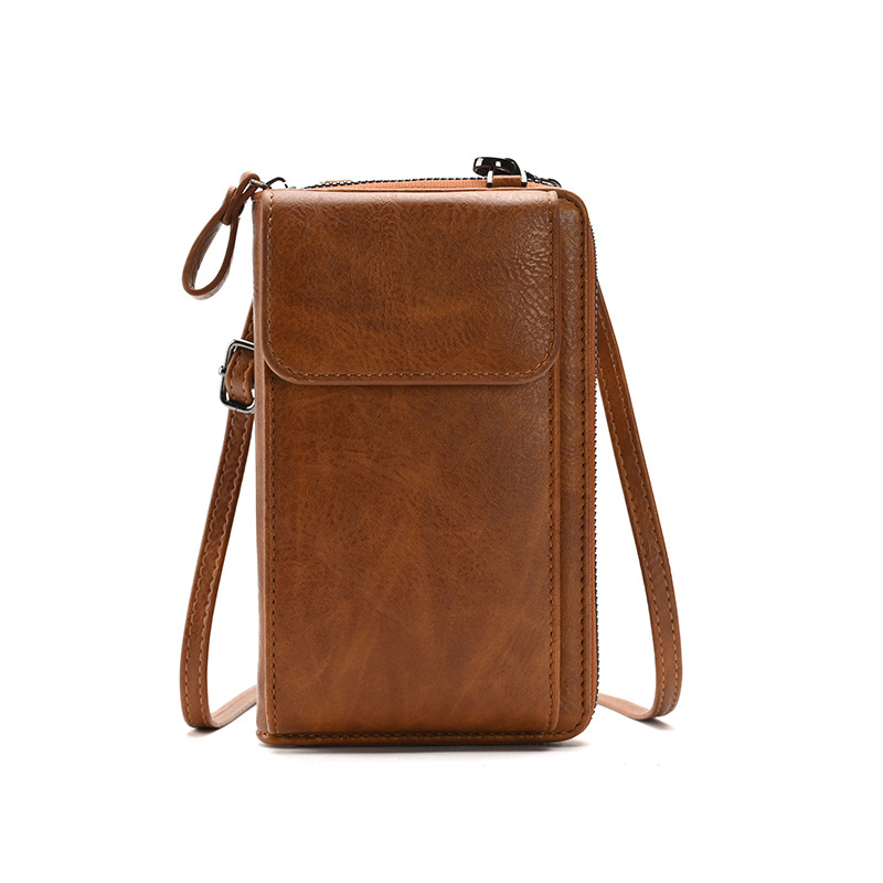 Brown Women's PU Leather Crossbody Phone Bag with Adjustable Shoulder Strap — image 1