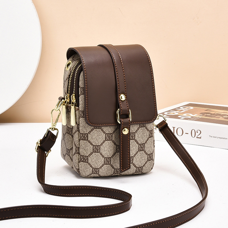 Coffee color rhombus Women's Mini Crossbody Phone Bag Compact PU Leather with — image 1