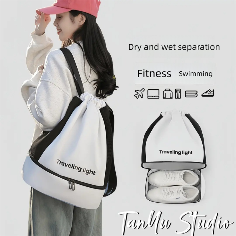 Black Waterproof Drawstring Swimming Backpack with Wet Dry Separation and Shoe view 3