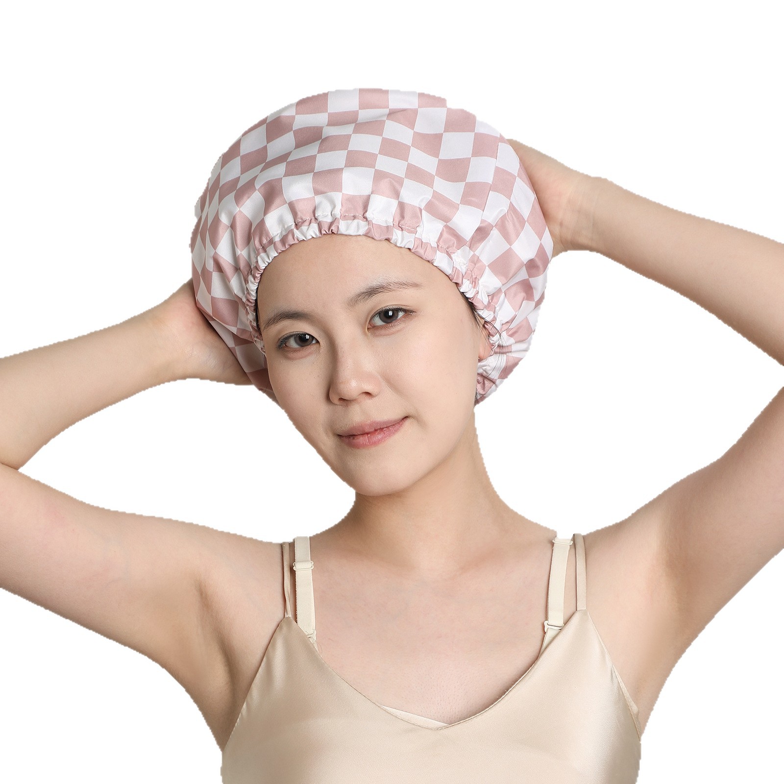 Pink cherries Premium Double-Layer Waterproof Shower Cap for Women Long Hair view 4