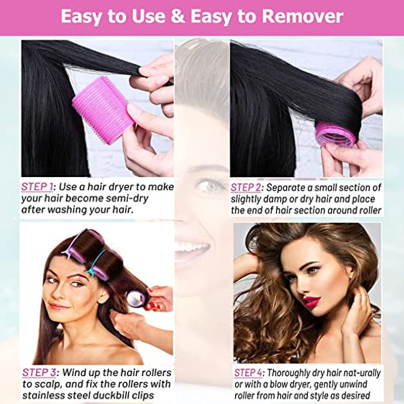 Black 50-Piece Pink Plastic Hair Rollers Set with Clips and Storage Bag for view 2