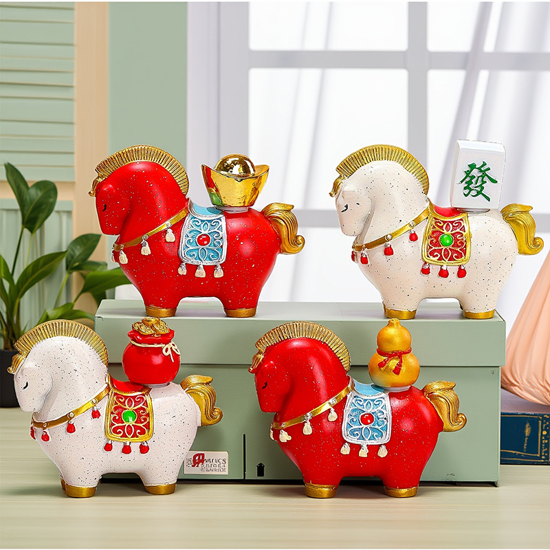 White Red New Chinese Style Resin Horse Figurine with Rotating Lucky Bag view 2