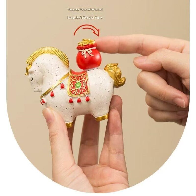 White Red New Chinese Style Resin Horse Figurine with Rotating Lucky Bag view 3