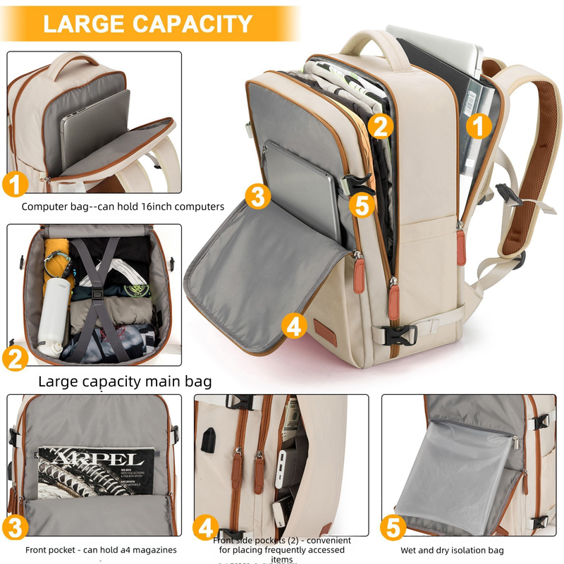 Beige Large Capacity Backpack with USB Charging Port and Waterproof Fabric for view 4