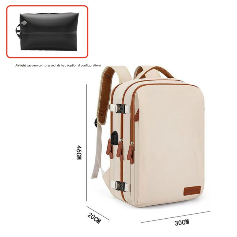 Beige Large Capacity Backpack with USB Charging Port and Waterproof Fabric for view 5