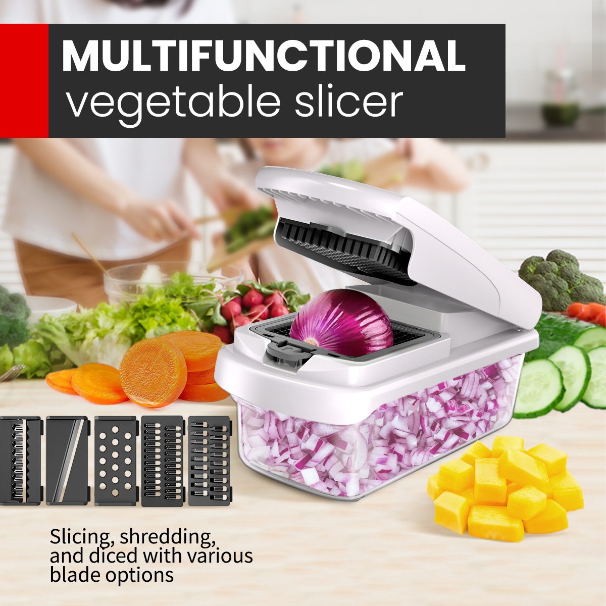 White Multifunctional Vegetable Slicer – Manual Kitchen Cutter with Adjustable view 2