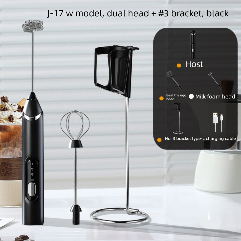 Rechargeable Electric Milk Frother with Metal Stand - Handheld Foam Maker & — image 1