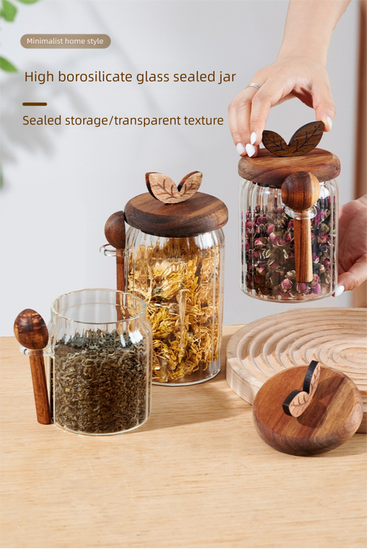 800ml Premium Borosilicate Glass Storage Jar with Acacia Wood Lid & Integrated view 2