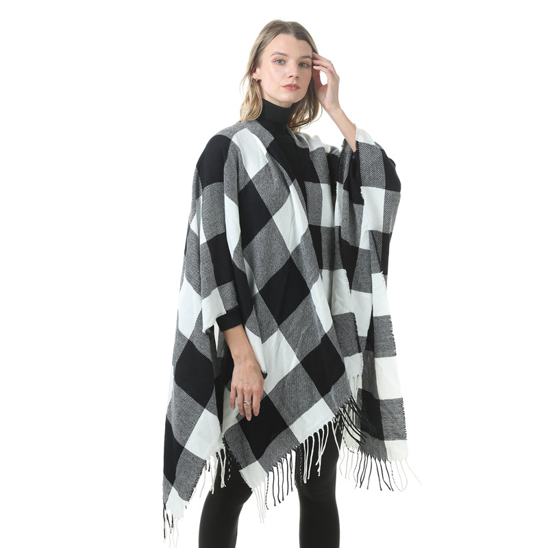 Women's Plaid Open-Front Poncho Cape – Soft Faux Cashmere Scarf Wrap with — image 1