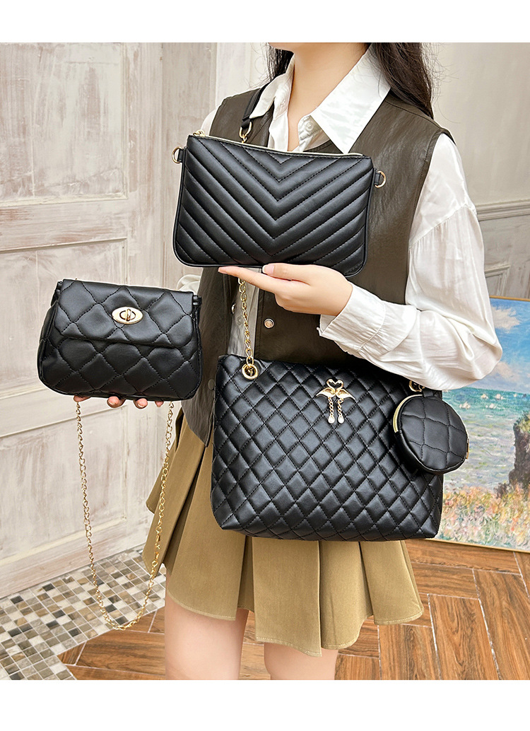 4-Piece PU Leather Rhombus Handbag Set - Large Capacity Shoulder Bag with view 5