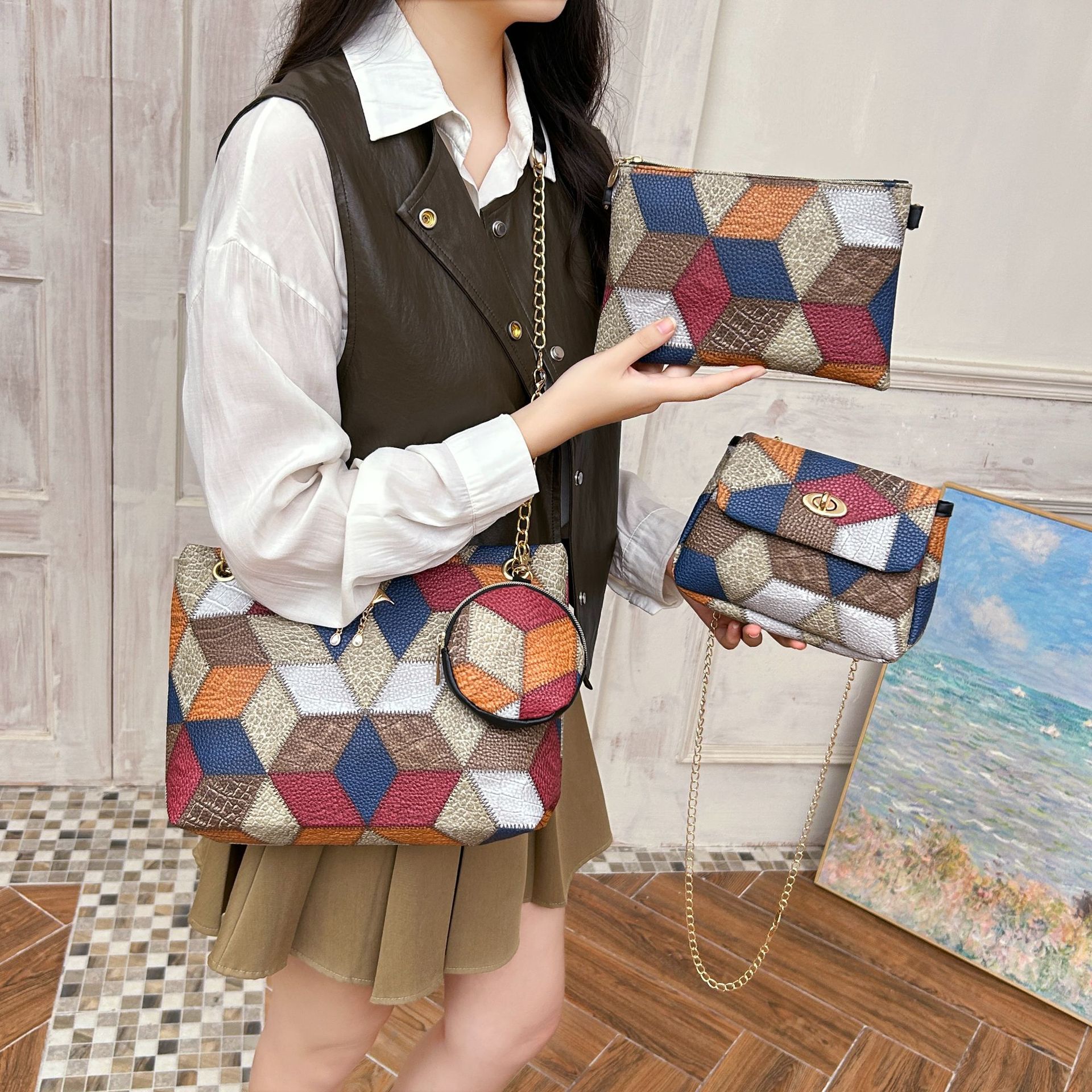 4-PCS Plaid Contrast-Color Handbag Set - Large Capacity PU Leather Shoulder view 2