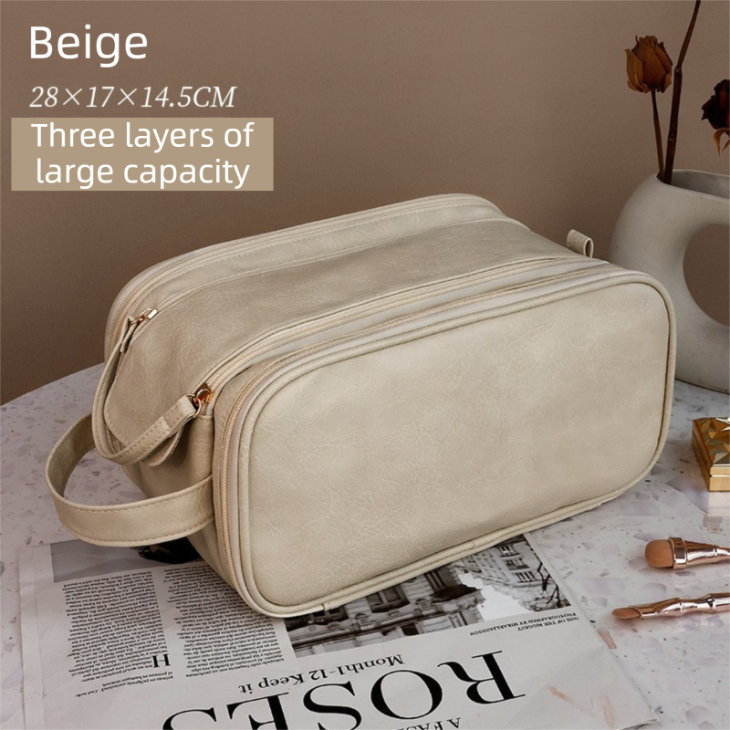 Beige Premium TPU Leather Dual-Zipper Cosmetic Bag with 3 Dry & Wet Separation