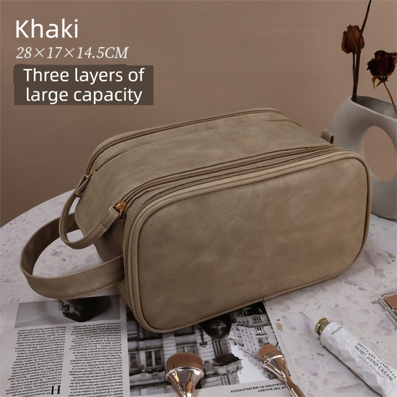 Khaki Premium TPU Leather Dual-Zipper Cosmetic Bag with 3 Dry & Wet Separation