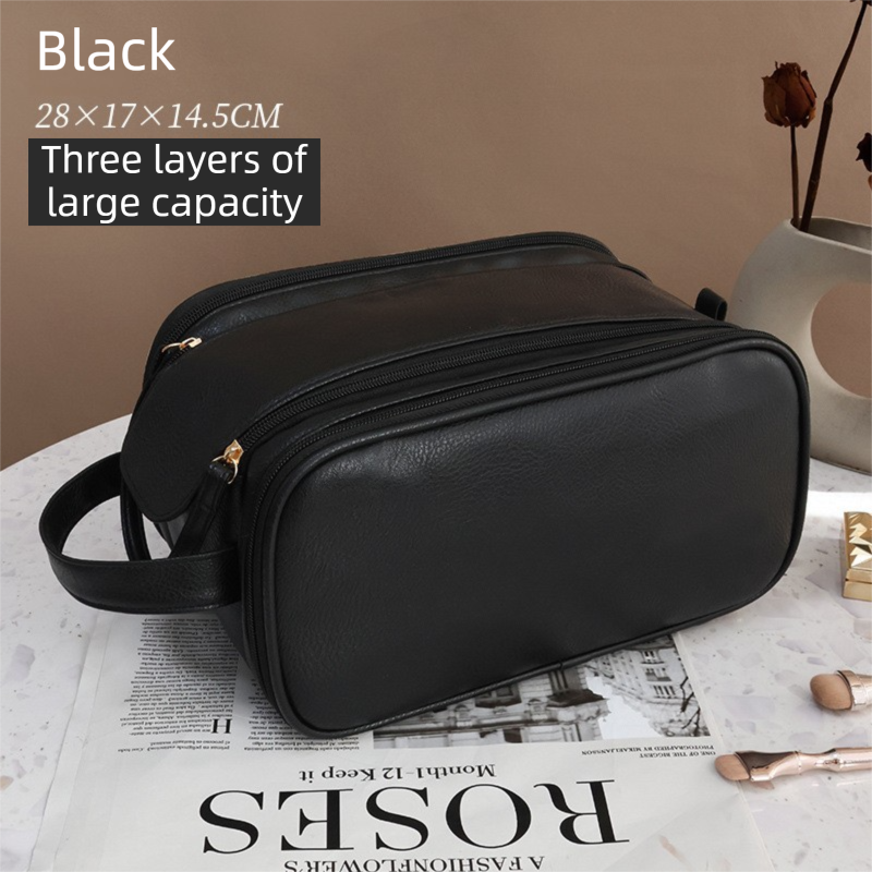 Black Premium TPU Leather Dual-Zipper Cosmetic Bag with 3 Dry & Wet Separation