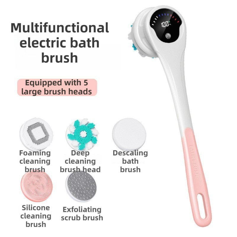 Pink Electric 360°Rotating Shower Brush with Long Handle for Back — image 1