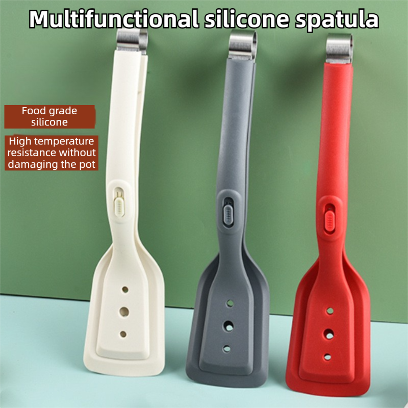 2-in-1 Grey Silicone Spatula Tongs with Locking Clip & Oil Drainage view 2