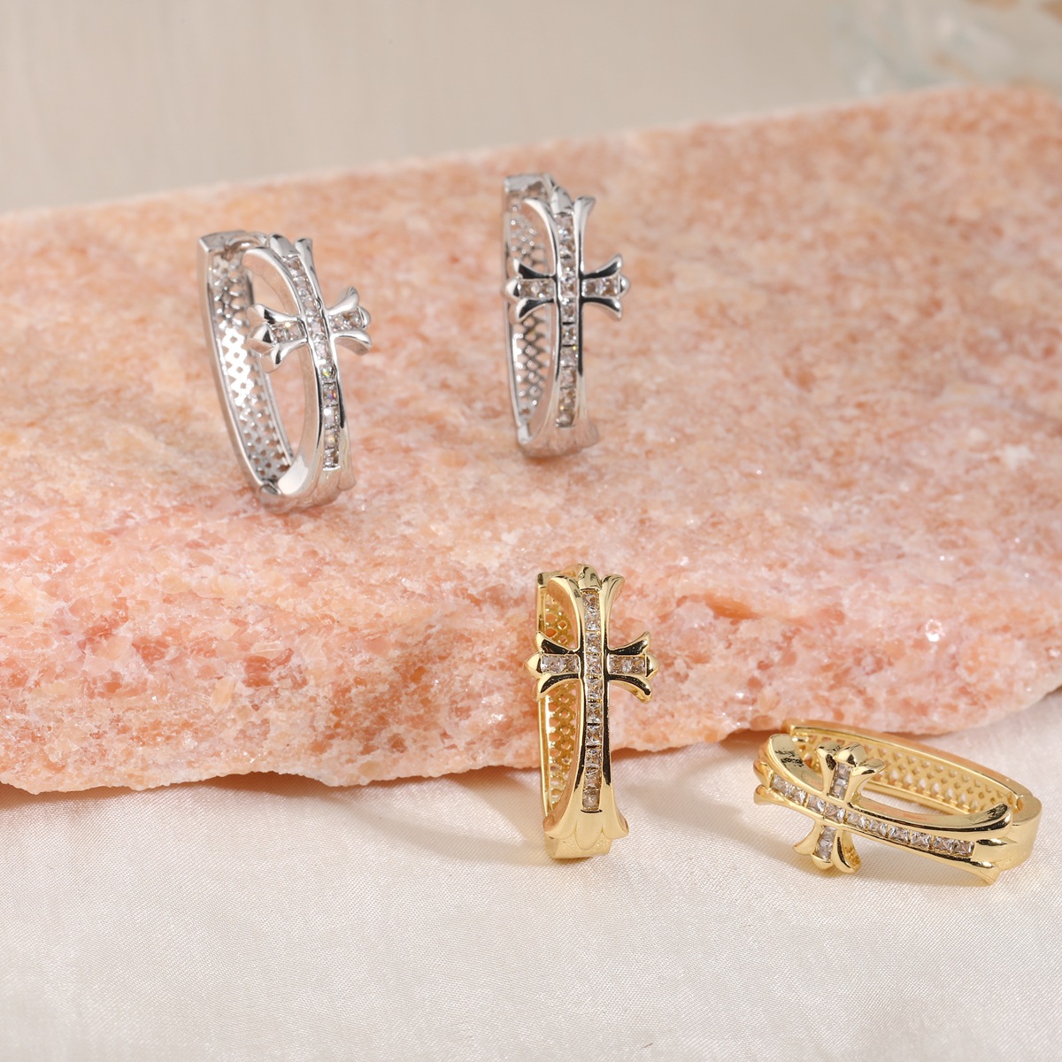 2-Pair Sliver Sparkling Iced Out Rhinestone Cross Hoop Earrings - Punk view 2