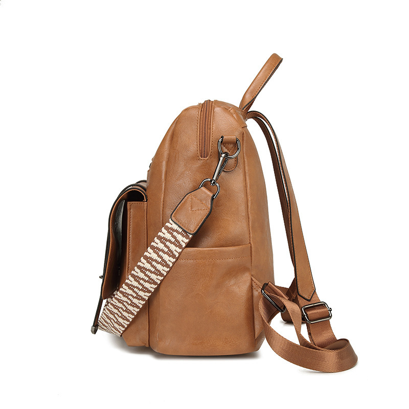Khaki Retro Soft PU Leather Backpack for Women - Water-Resistant Large view 4