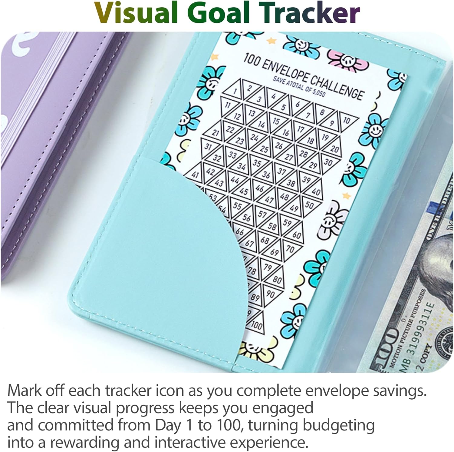 Purple 100 Days Envelope Savings Challenge with 50 Clear Double-Sided Pages view 5