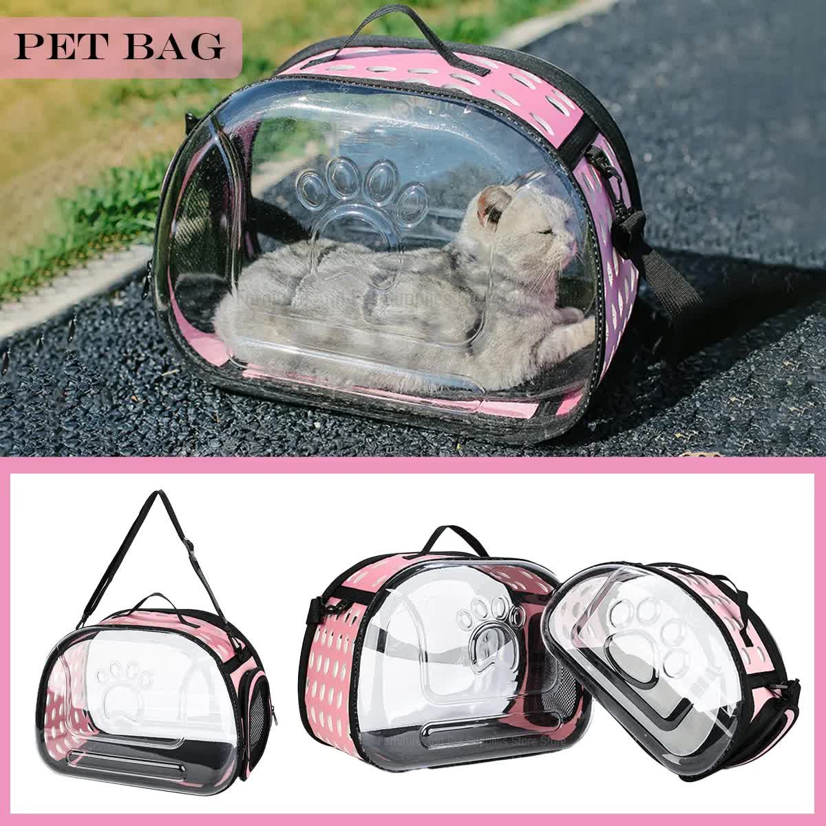 Grey Foldable Breathable Pet Carrier with Panoramic Window & Strap - EVA & view 2