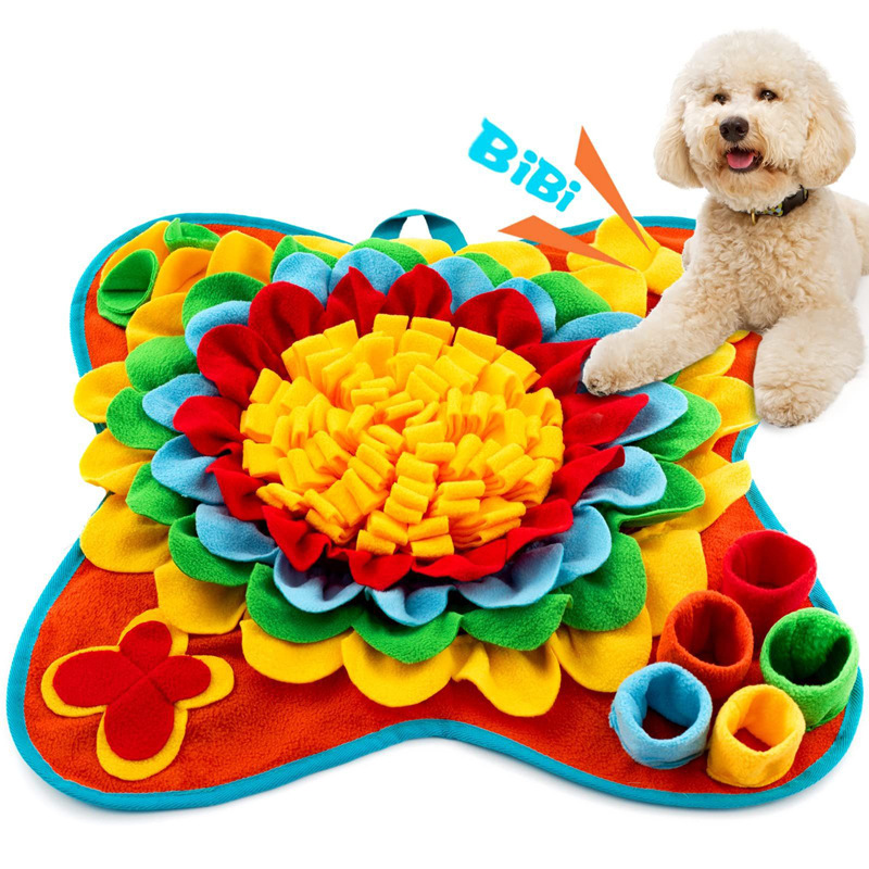 Red 50x50CM Soft Dog Sniffing Mat with Colorful Floral & Bone - Pet Stress