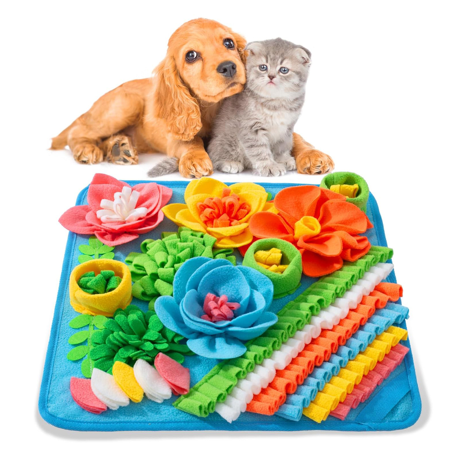 Blue 39X39CM Interactive Fleece Dog Sniffing Mat & Slow Feeder - Stress Relief