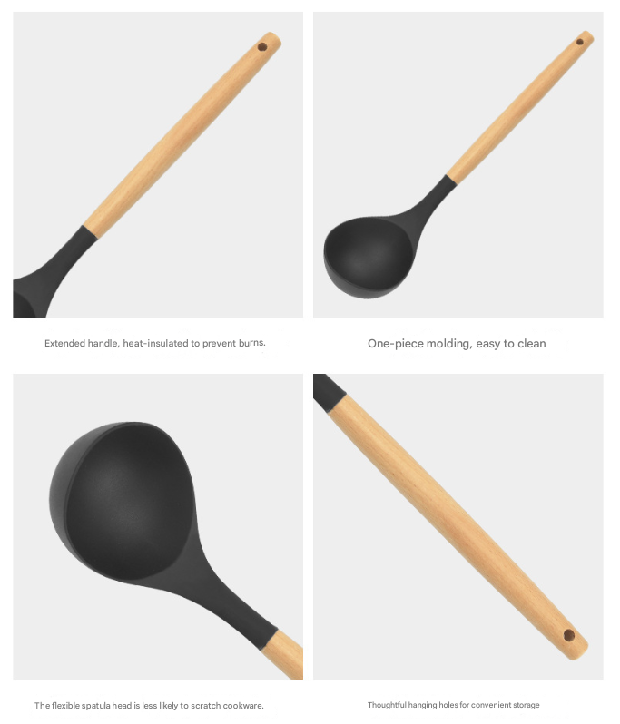 12-Piece Black Heat-Resistant Silicone Cooking Utensils with Wooden Handles view 4
