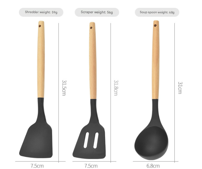 12-Piece Black Heat-Resistant Silicone Cooking Utensils with Wooden Handles view 5