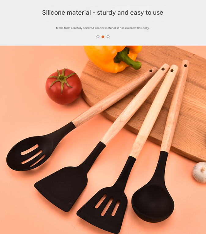 12-Piece Red Heat-Resistant Silicone Cooking Utensils with Wooden Handles and view 2