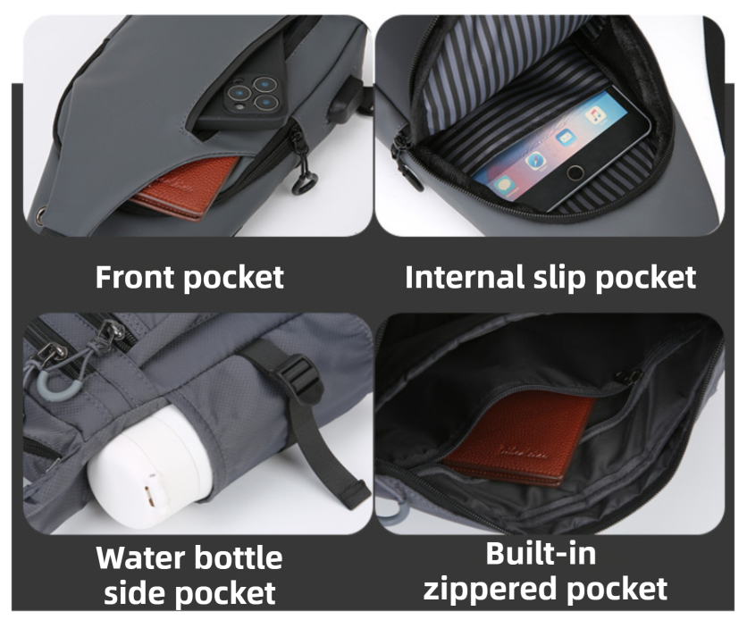 Black Waterproof Unisex Chest Bag with USB Charging & Headphone Port - 3-Layer view 2