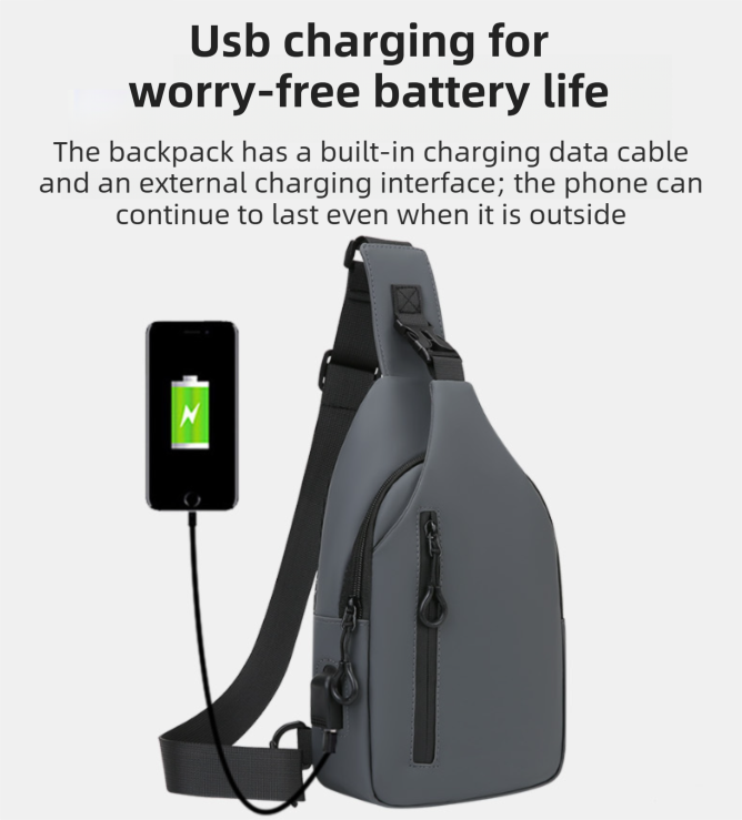 Black Waterproof Unisex Chest Bag with USB Charging & Headphone Port - 3-Layer view 3