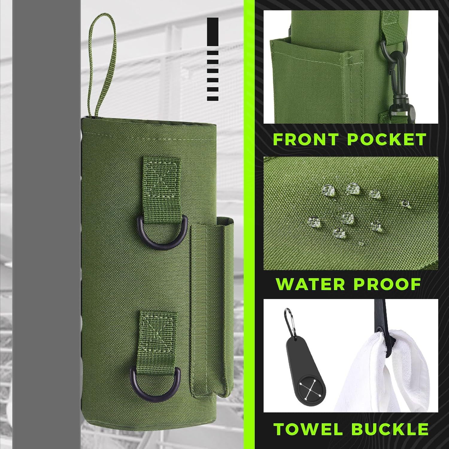 Green Magnetic Gym Water Bottle Pouch & Towel Clip with 6 High-Strength view 2