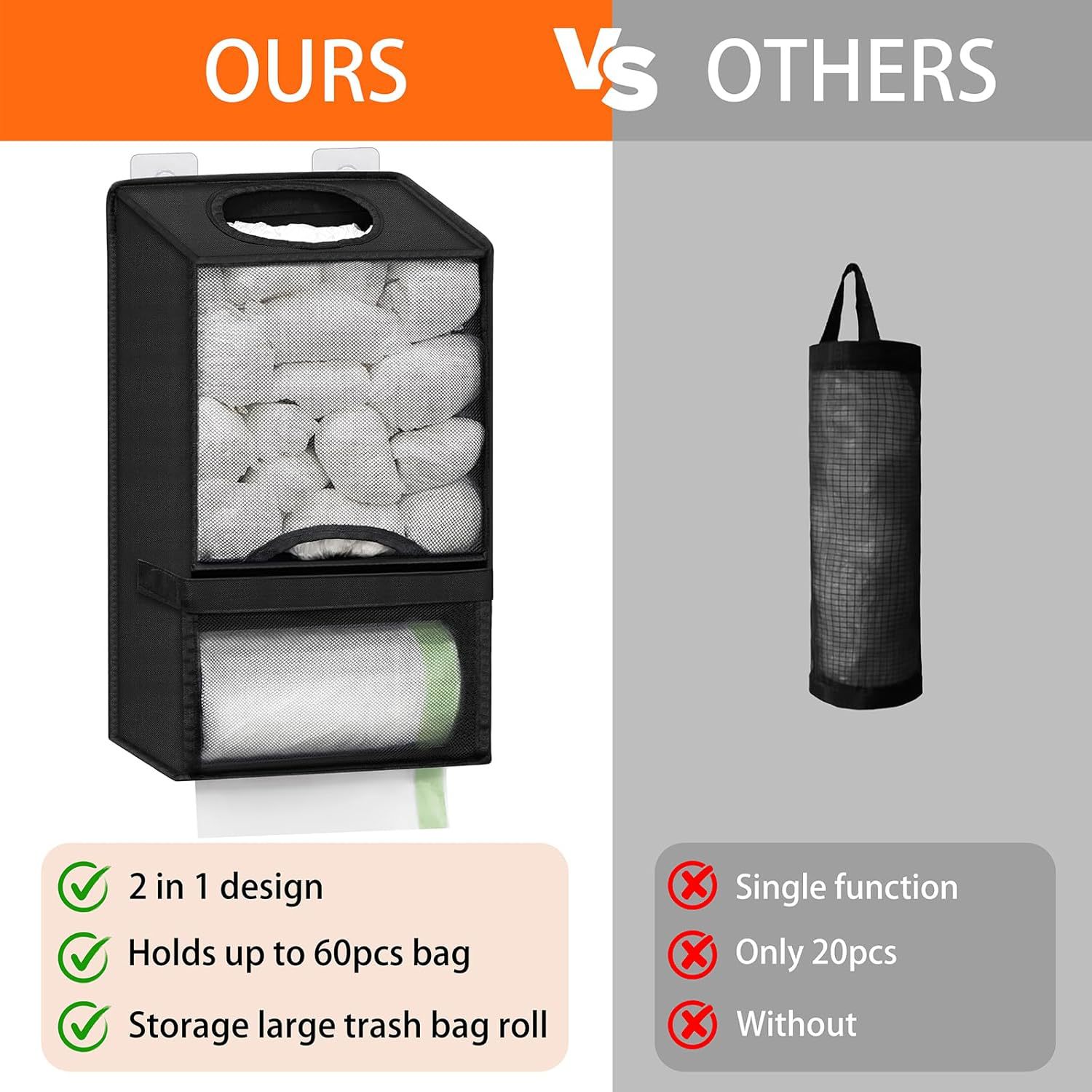 2-in-1 Black Kitchen Plastic Bag & Trash Bag Roll Dispenser - Hanging Grocery view 4