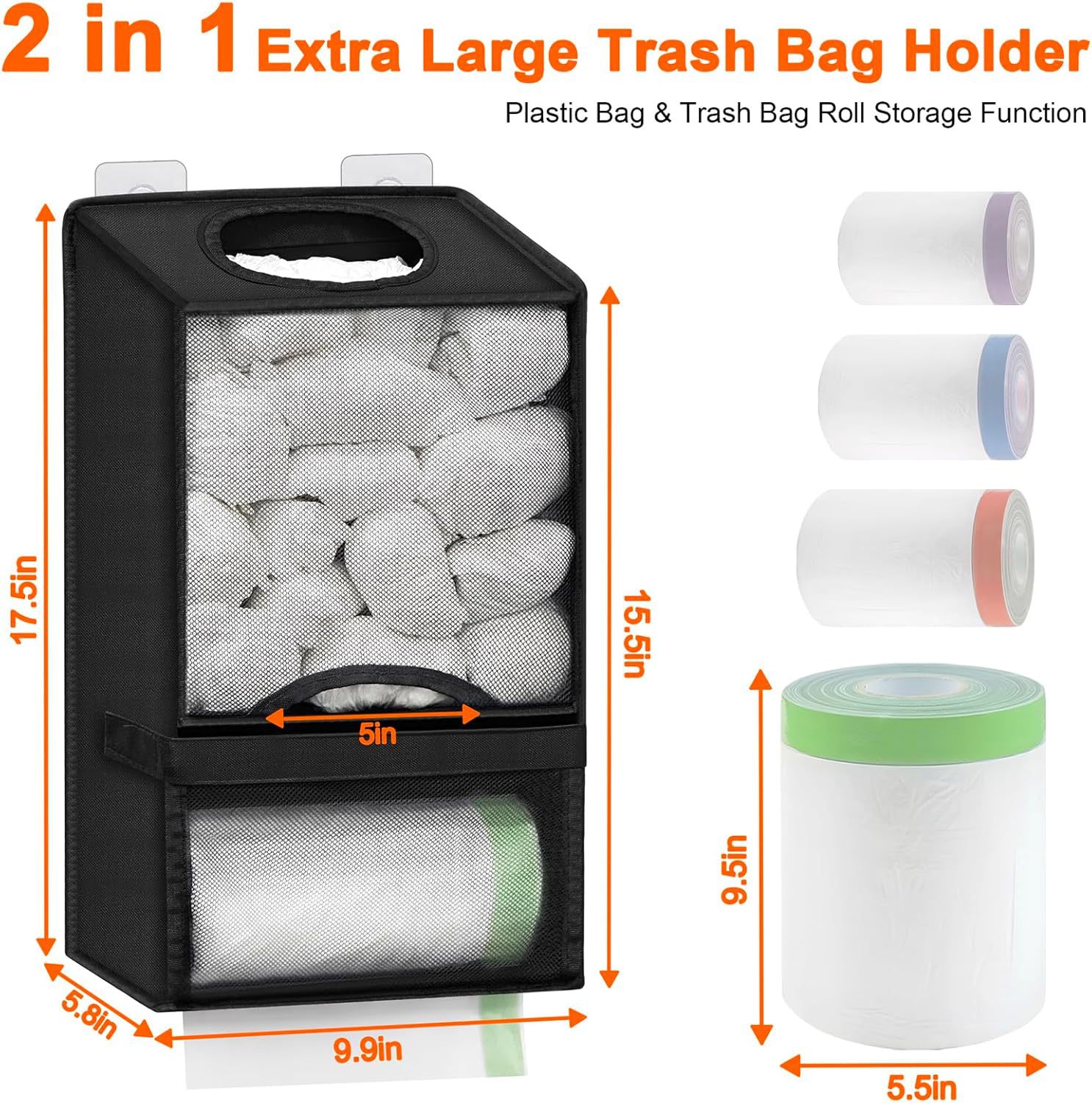 2-in-1 Black Kitchen Plastic Bag & Trash Bag Roll Dispenser(2 Pack) - Hanging view 2