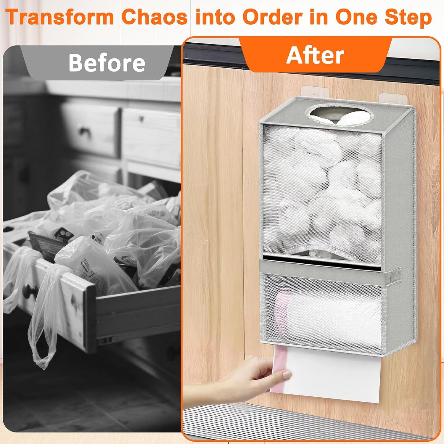2-in-1 Grey Kitchen Plastic Bag & Trash Bag Roll Dispenser(2 Pack) - Hanging view 3