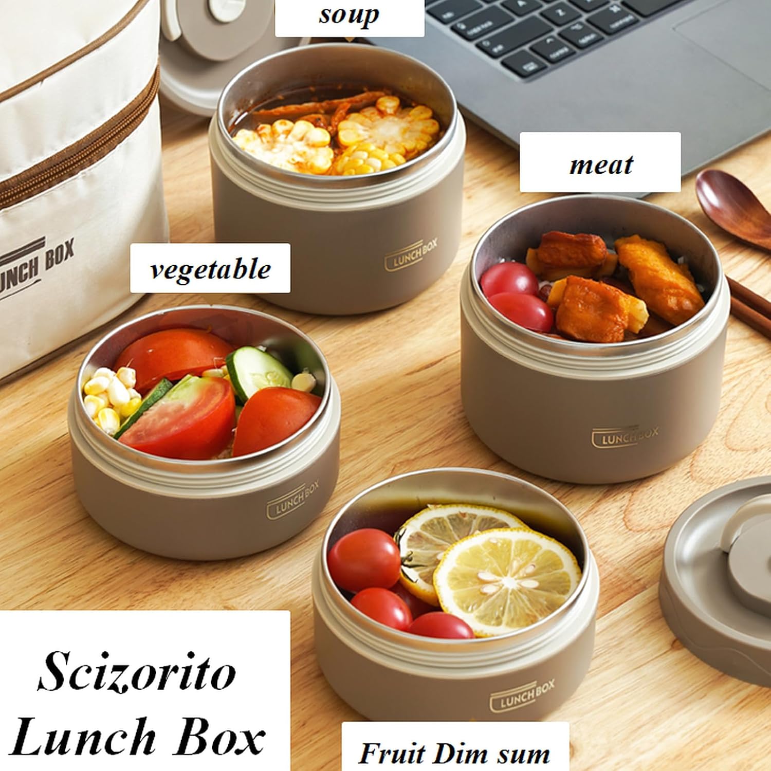 4-Pack Beige 304 Stainless Steel Microwave-Safe Lunch Box Set - Stackable view 3