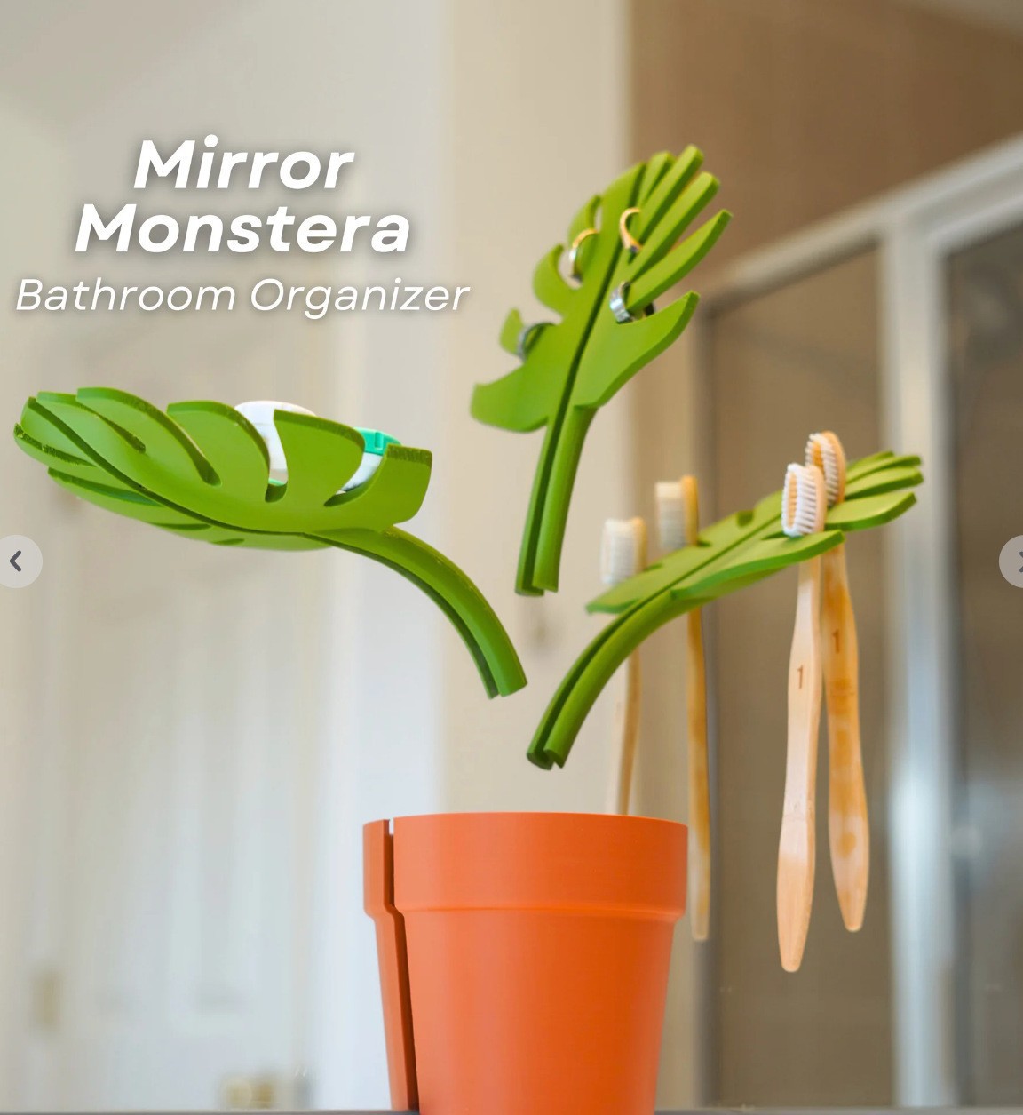 2 Set Mirror-Mount Half-Leaf Monstera Bathroom Organizer (Vase + 3 Leaves) — image 1