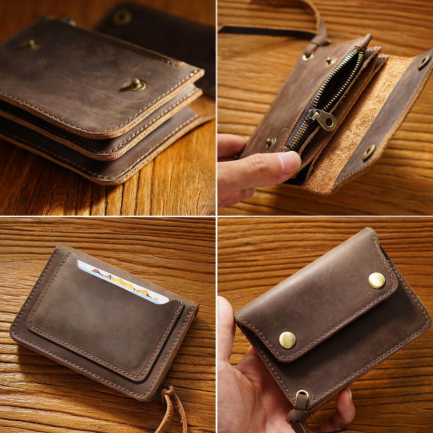Green Handmade Crazy Horse Leather Wallet Vintage Coin Purse Zipper Card view 4